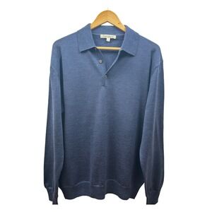 TravelSmith Polo Sweater‎ 100% Merino Wool Men's L Blue Long Sleeve Minimalist